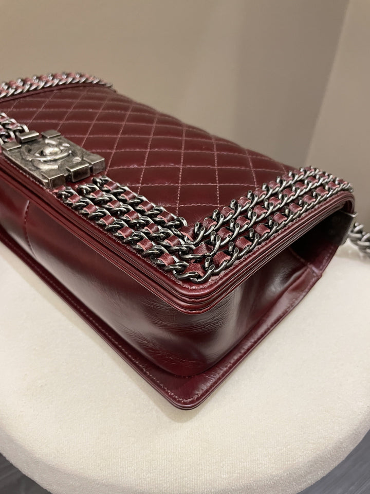 Chanel Quilted Old Medium Chained Boy Bag Burgundy Aged Calfskin