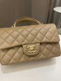 Chanel 22B Quilted Metal Top Handle Mini Rectangular Dark Beige Lambskin