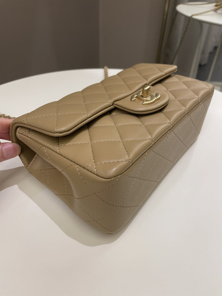 Chanel 22B Quilted Metal Top Handle Mini Rectangular Dark Beige Lambskin