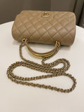 Chanel 22B Quilted Metal Top Handle Mini Rectangular Dark Beige Lambskin