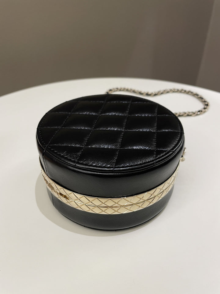 Chanel Quilted Round Evening Chain Clutch Black Lambskin
