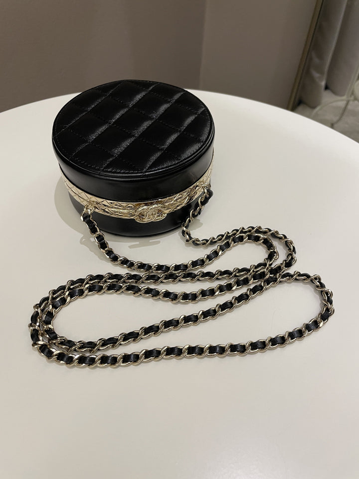 Chanel Quilted Round Evening Chain Clutch Black Lambskin