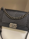 Chanel Herringbone Chevron Boy Old Medium Black Calfskin