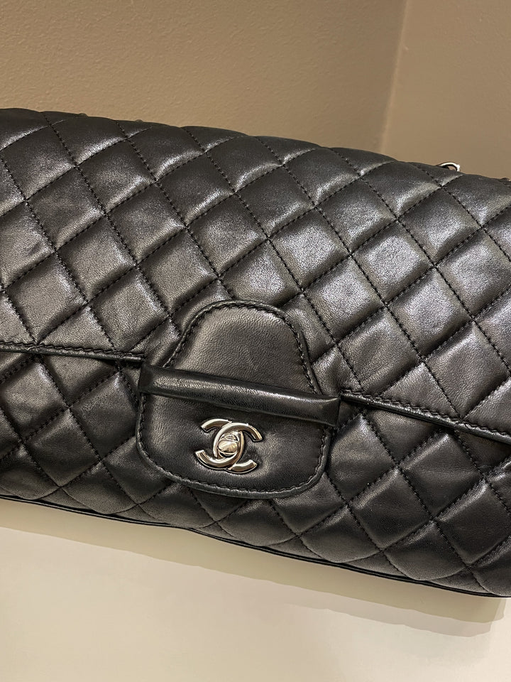 Chanel Quilted Jumbo Coco Loop Flap  Black Lambskin