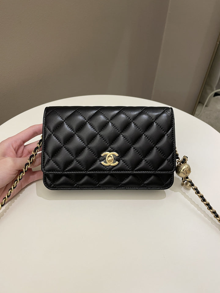 Chanel Quilted Pearl Crush Wallet On Chain Black Lambskin