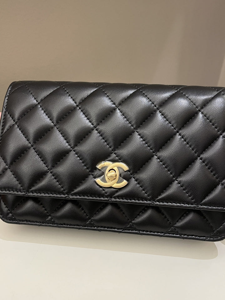 Chanel Quilted Pearl Crush Wallet On Chain Black Lambskin