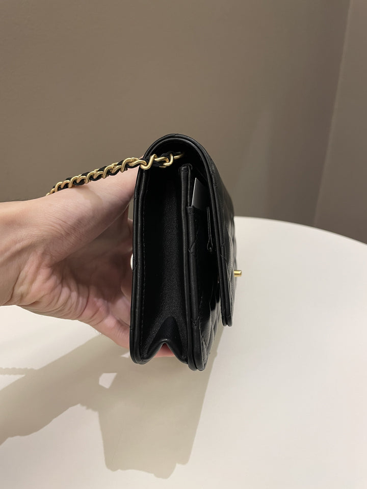 Chanel Quilted Pearl Crush Wallet On Chain Black Lambskin