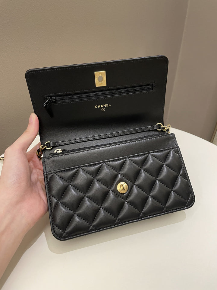 Chanel Quilted Pearl Crush Wallet On Chain Black Lambskin