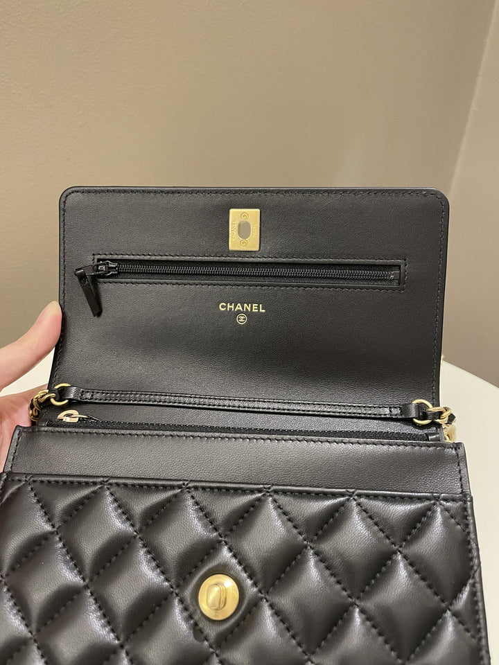 Chanel Quilted Pearl Crush Wallet On Chain Black Lambskin