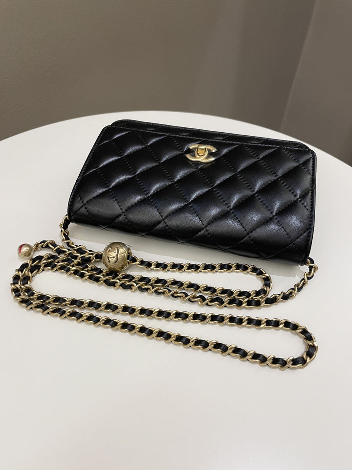 Chanel Quilted Pearl Crush Wallet On Chain Black Lambskin