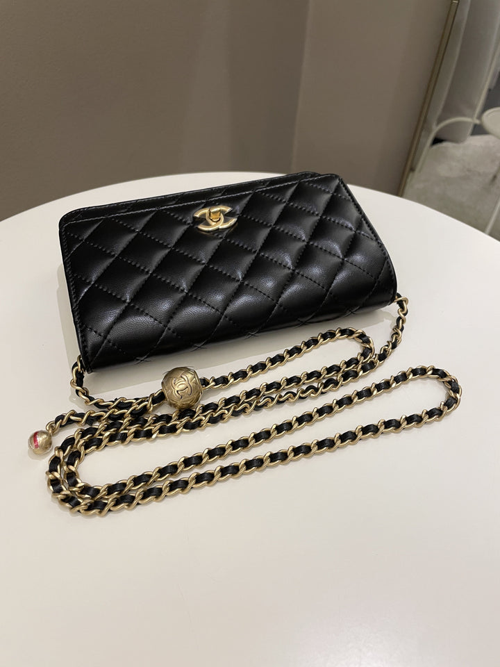 Chanel Quilted Pearl Crush Wallet On Chain Black Lambskin