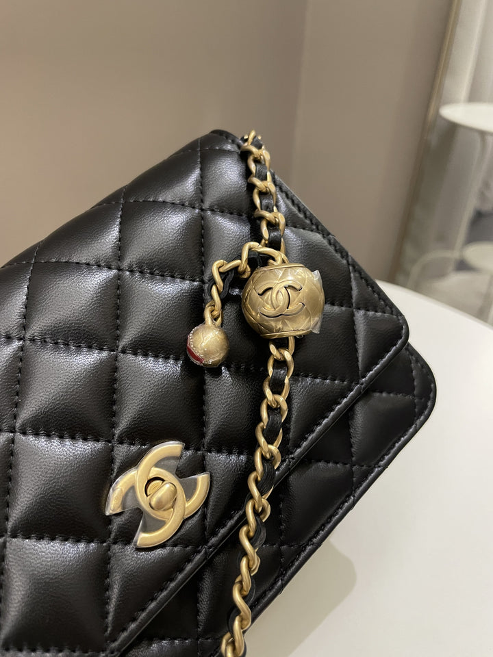 Chanel Quilted Pearl Crush Wallet On Chain Black Lambskin