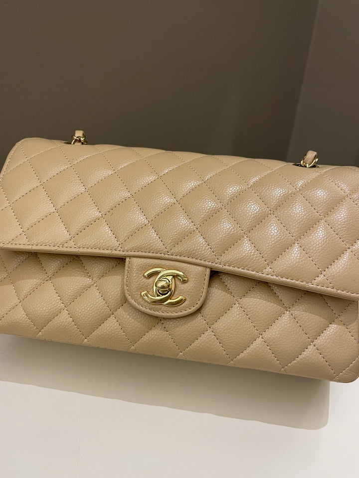 Chanel Classic Quilted Medium Double Flap Beige Claire Caviar