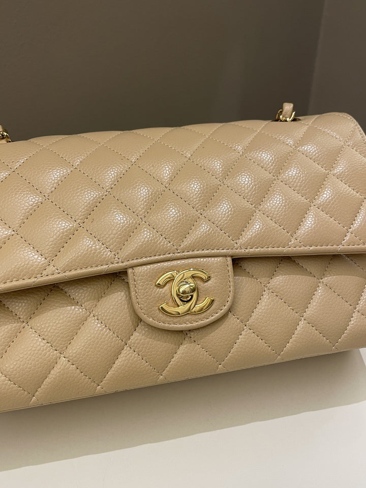 Chanel Classic Quilted Medium Double Flap Beige Claire Caviar