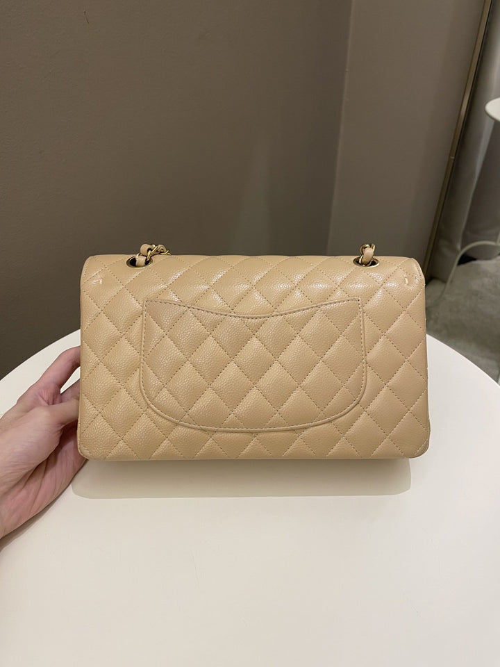 Chanel Classic Quilted Medium Double Flap Beige Claire Caviar