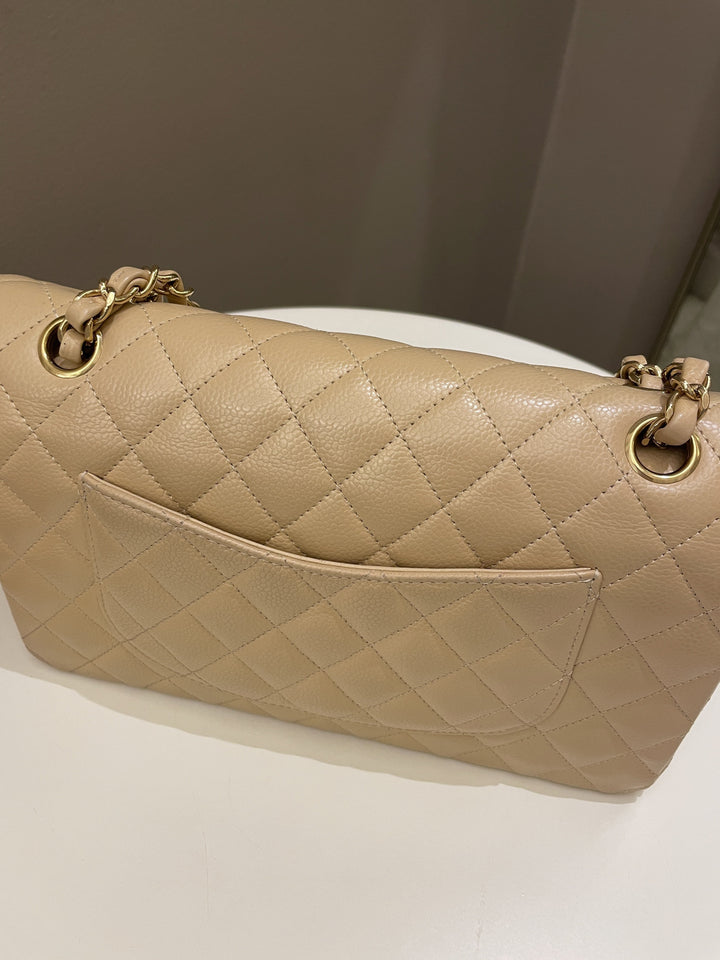 Chanel Classic Quilted Medium Double Flap Beige Claire Caviar