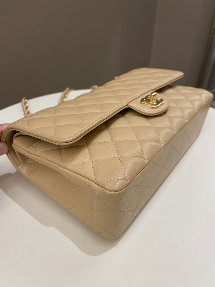 Chanel Classic Quilted Medium Double Flap Beige Claire Caviar