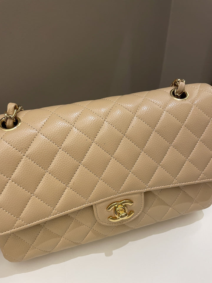 Chanel Classic Quilted Medium Double Flap Beige Claire Caviar