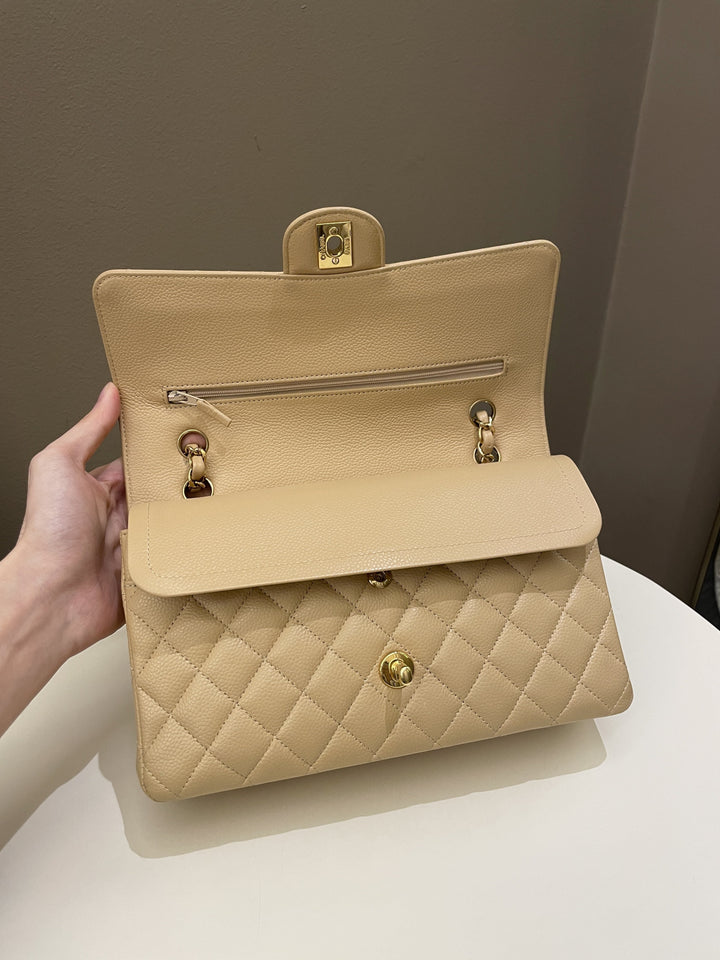 Chanel Classic Quilted Medium Double Flap Beige Claire Caviar