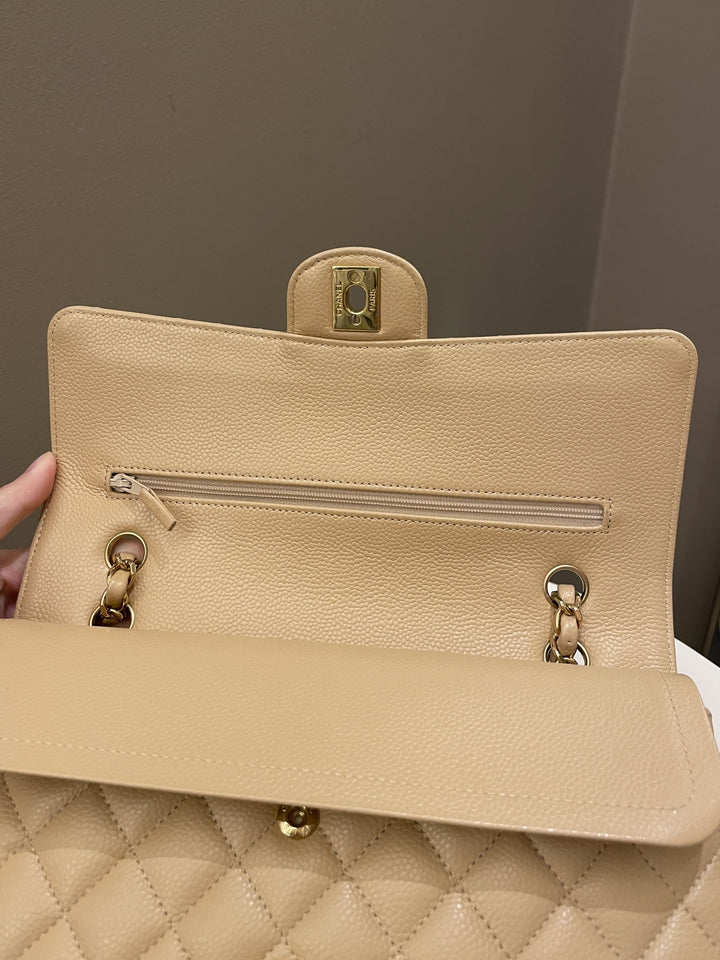 Chanel Classic Quilted Medium Double Flap Beige Claire Caviar