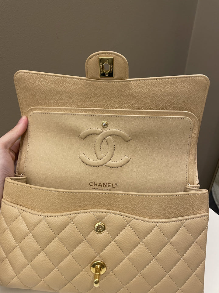 Chanel Classic Quilted Medium Double Flap Beige Claire Caviar
