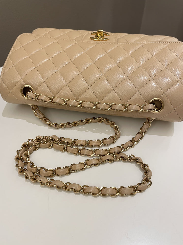 Chanel Classic Quilted Medium Double Flap Beige Claire Caviar