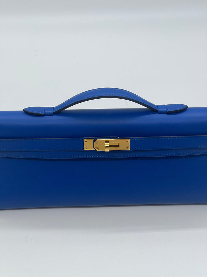 Hermes Kelly Cut Clutch Swift Calfskin Bleu France Gold Hardware