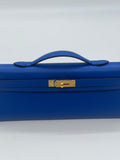 Hermes Kelly Cut Clutch Swift Calfskin Bleu France Gold Hardware