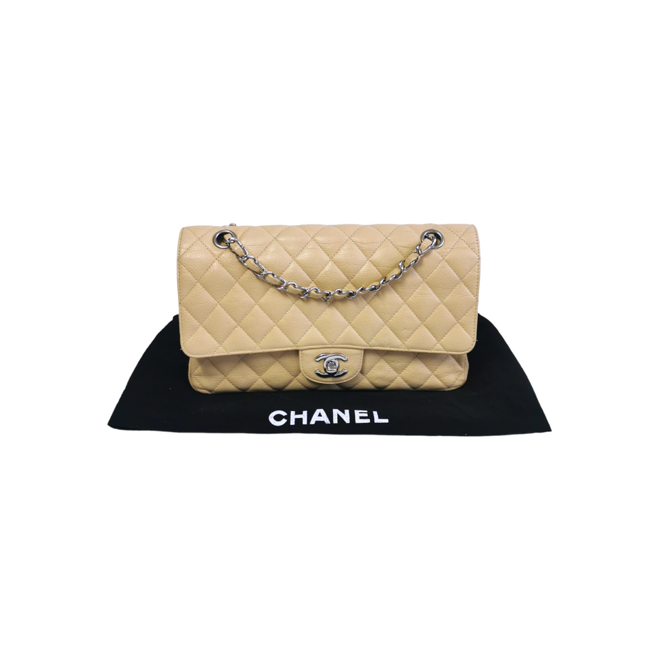 Chanel Classic Double Flap Medium Beige Caviar Silver