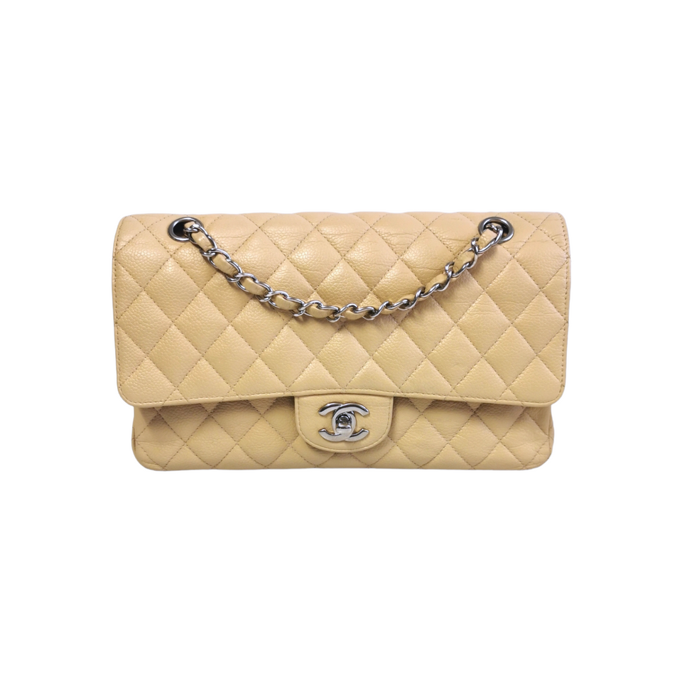 Chanel Classic Double Flap Medium Beige Caviar Silver