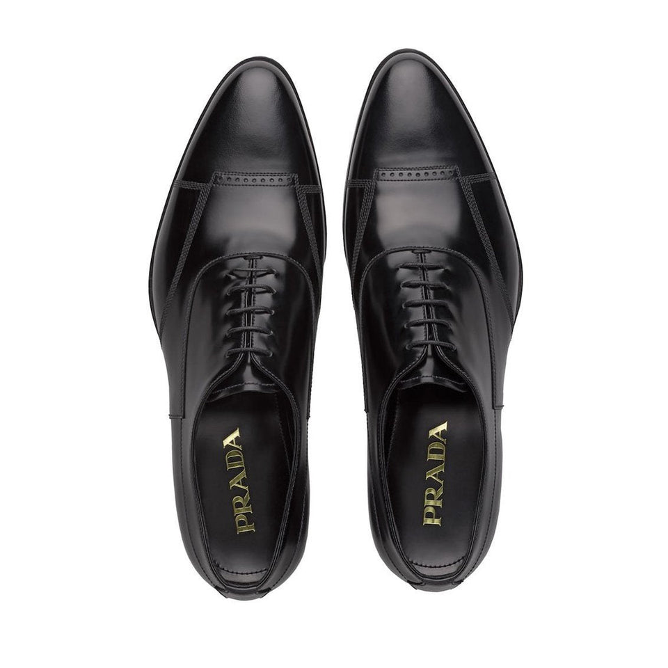 Prada 2EA149-P39 Men's Shoes Black Brushed Calf-Skin Leather Cap-Toe Oxfords (PRM1030)