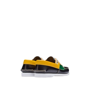 Prada 2EG270-X2O Men's Shoes Black, Green & Yellow Calf-Skin Leather Boat Moccasin Loafers (PRM1009)