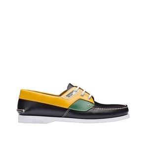 Prada 2EG270-X2O Men's Shoes Black, Green & Yellow Calf-Skin Leather Boat Moccasin Loafers (PRM1009)