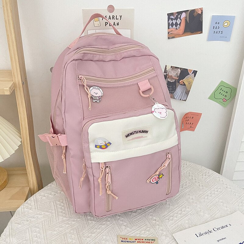 Pink Bookbag Preppy School Backpacks Waterproof Nylon Girl Schoolbag Women College Backpacks Teens Multi-pocket Travel Bag