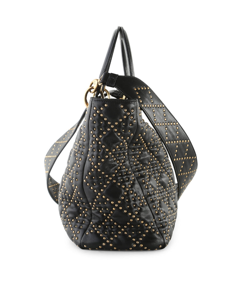 CHRISTIAN DIOR Supple Black Cannage Studded Leather Lady Dior Large Bag With Long Strap