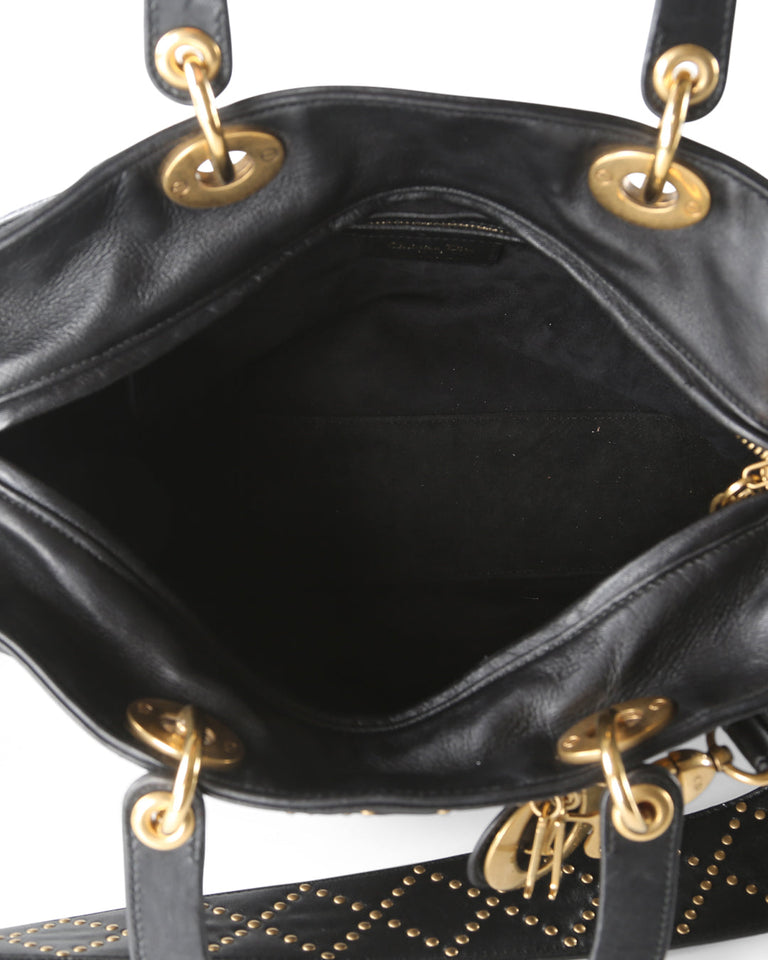 CHRISTIAN DIOR Supple Black Cannage Studded Leather Lady Dior Large Bag With Long Strap