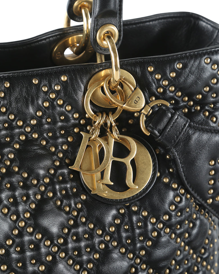 CHRISTIAN DIOR Supple Black Cannage Studded Leather Lady Dior Large Bag With Long Strap