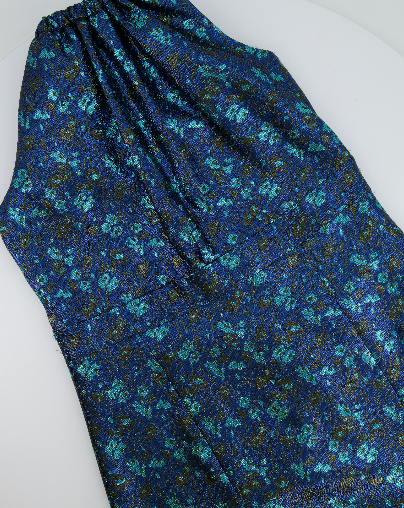 Prada Blue & Green Metallic Sleeveless Midi Dress with Floral Prints Size IT 40 (UK 8)