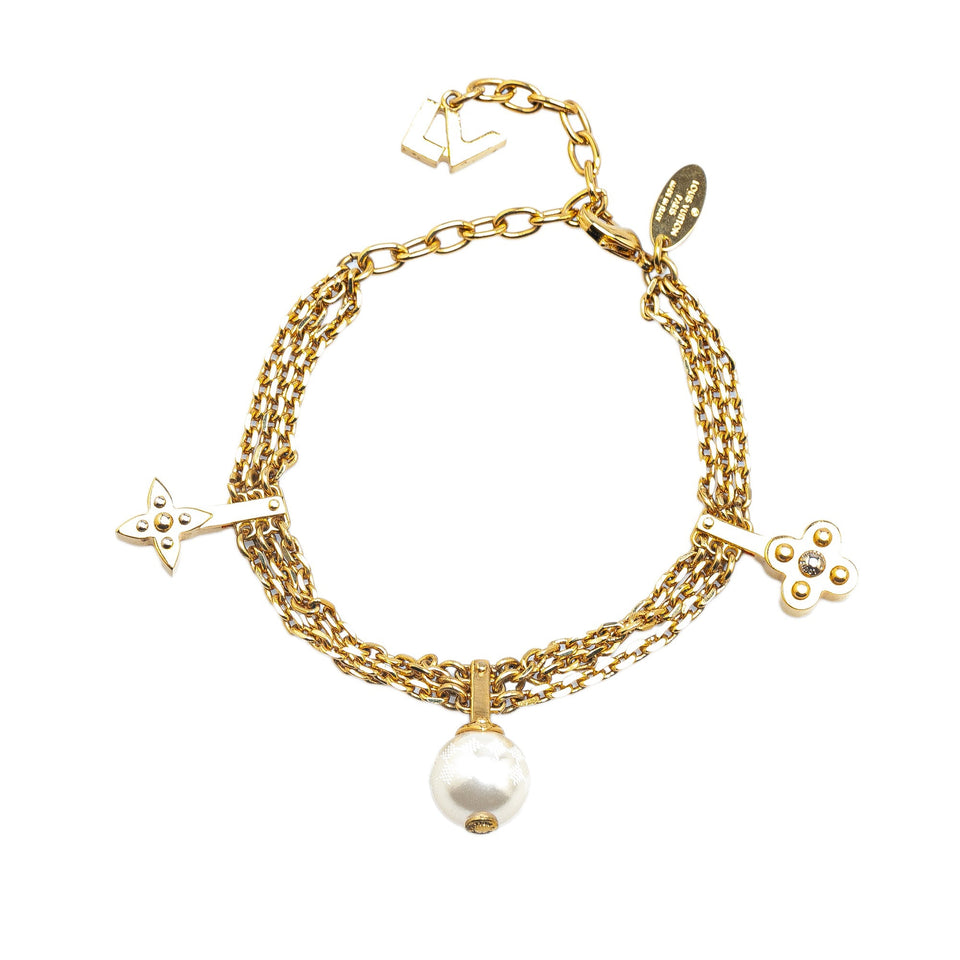 Gold Louis Vuitton Gold Plated Faux Pearl Charm Bracelet