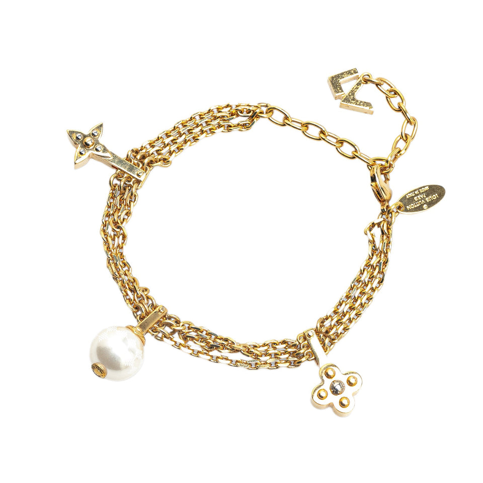 Gold Louis Vuitton Gold Plated Faux Pearl Charm Bracelet