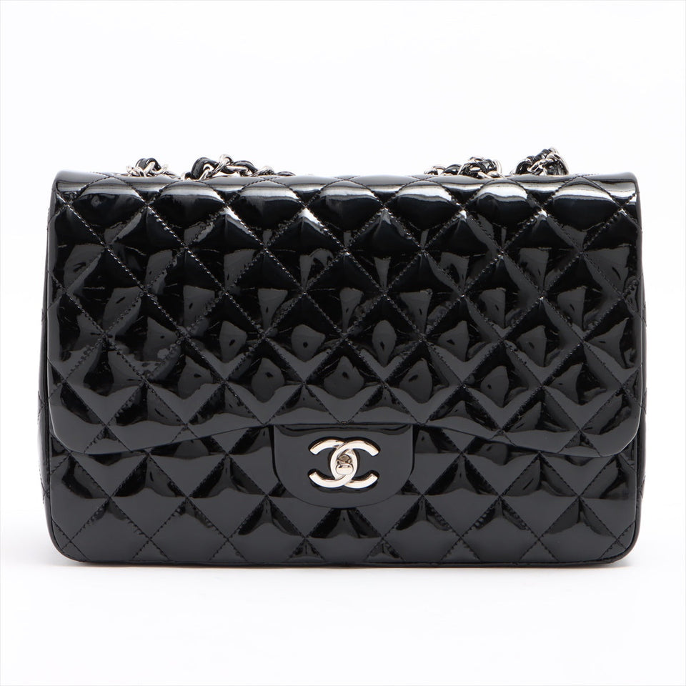 SALE Chanel Classic Single Flap Jumbo Black Patent Leather Silver