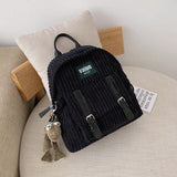 Women Corduroy Backpack Striped Soft Cloth Bags Leather Strap School Bookbag For College Girls Cute Small Travel Bagpack