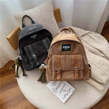 Women Corduroy Backpack Striped Soft Cloth Bags Leather Strap School Bookbag For College Girls Cute Small Travel Bagpack