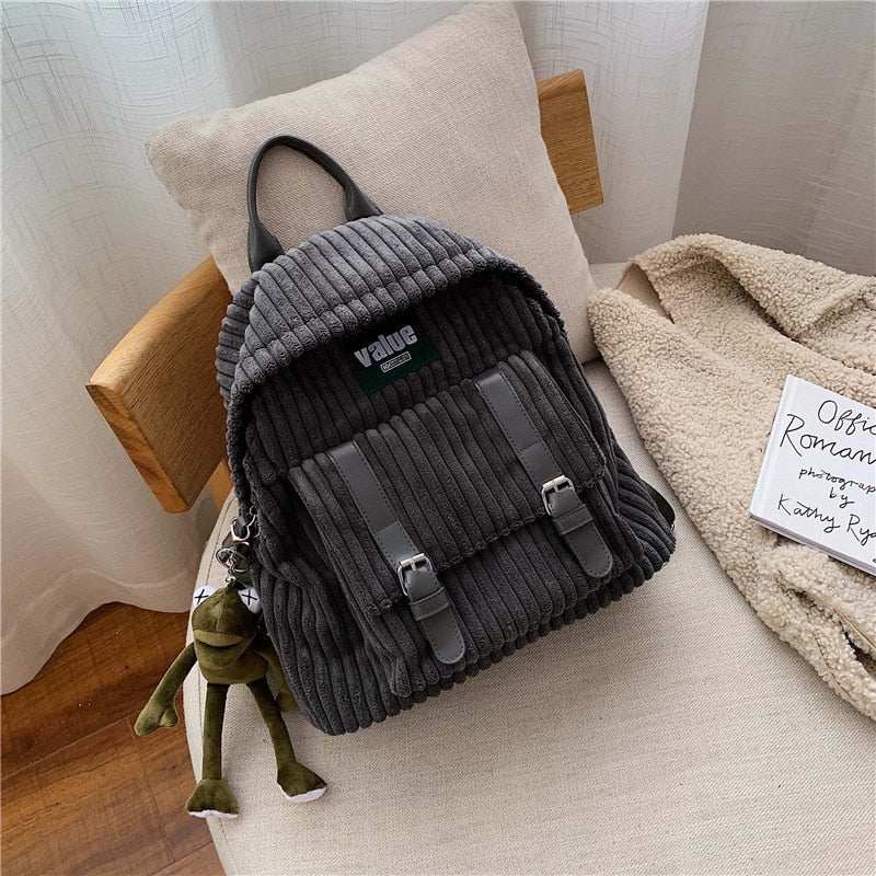 Women Corduroy Backpack Striped Soft Cloth Bags Leather Strap School Bookbag For College Girls Cute Small Travel Bagpack