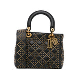 Dior Lady Dior Medium Black Supple Studded Cannage Quilted Leather Gold