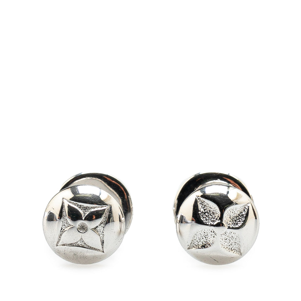 Silver Louis Vuitton Silver Bouton de Manchette Cufflinks And Damier Ebene Cufflinks Case