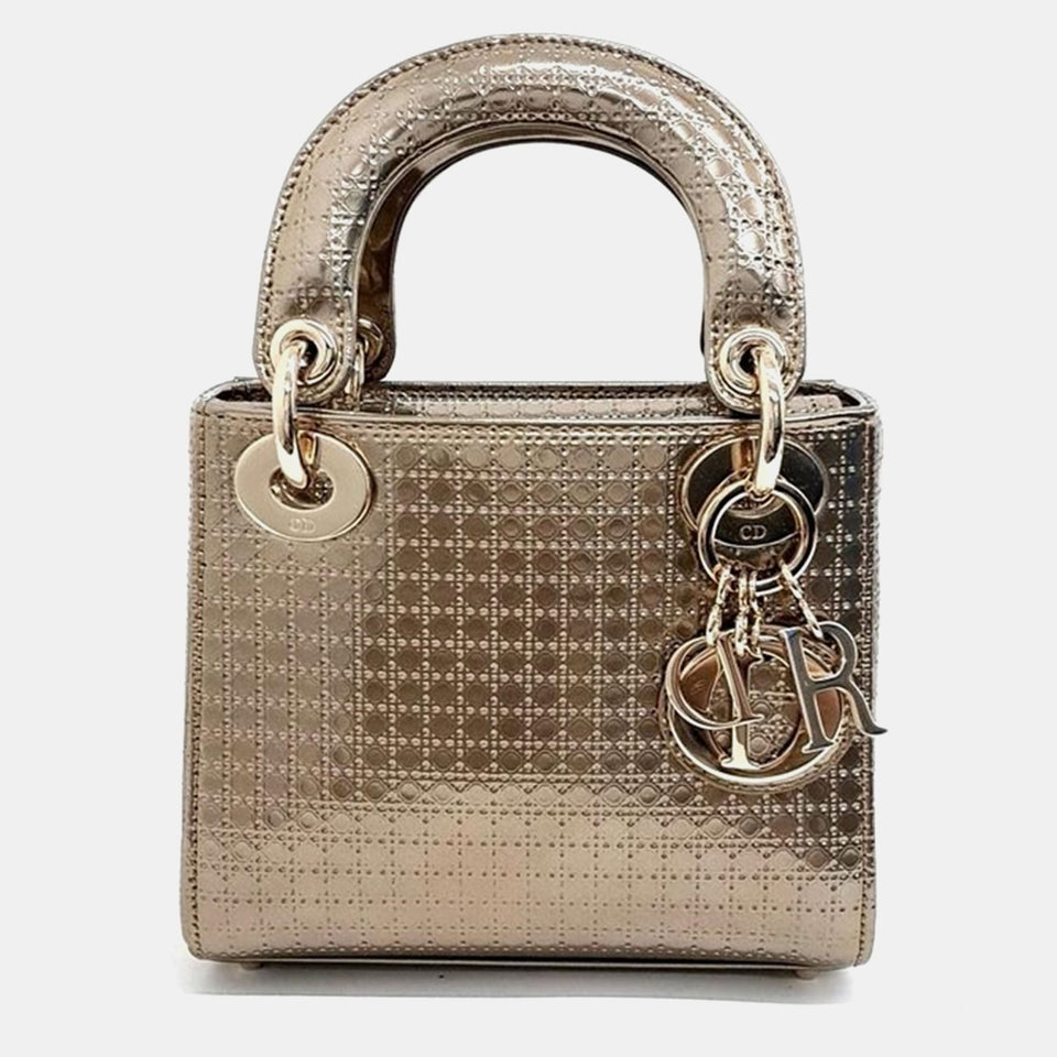 Christian Gold  Cannage Leather Lady dior Mini Top Handle Bag