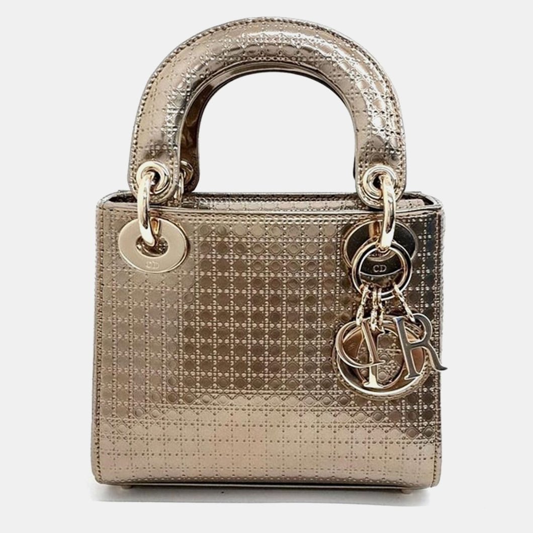 Christian Gold  Cannage Leather Lady dior Mini Top Handle Bag