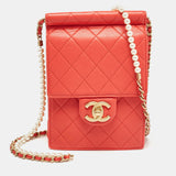 Red Quilted Leather Vertical Pearl Chain Clutch