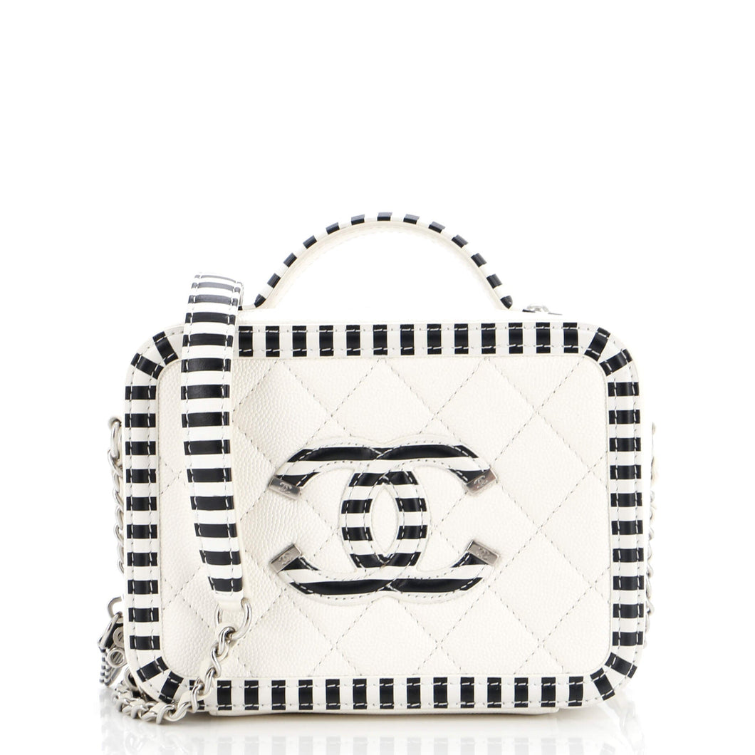 CHANEL Filigree Vanity Case Quilted Caviar with Striped Leather Small